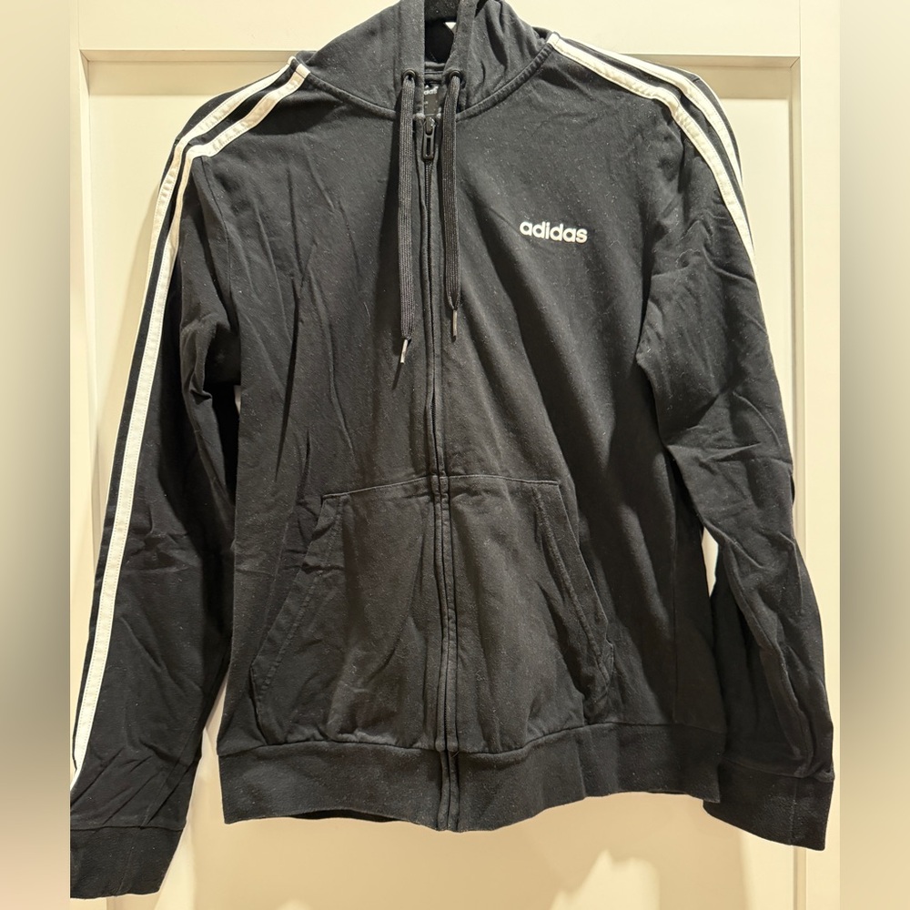 Adidas Black 3-Stripe Full Zip Hoodie Track Jacket